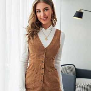 SHEIN Single Breasted Patch Pocket Cord Overall Dress